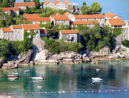 Characteristic houses on the sea of ??the city of St. Stefan in Montenegroのeditorial素材