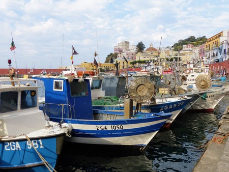 Fishing vessels in the port of Ponza in Italyのeditorial素材