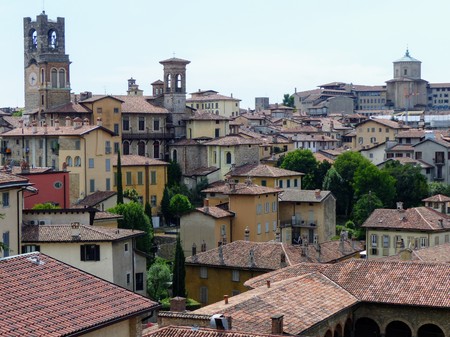 Panorama of the ancient city of Bergamo with its towers. Italyのeditorial素材