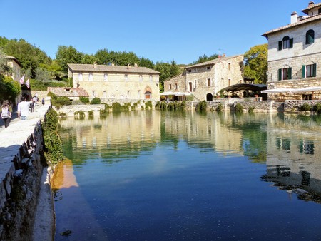 Natural bath of sulphurous waters of Bagno Vignone in Tuscany in Italy.のeditorial素材