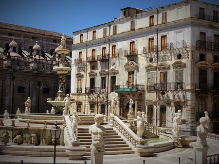Part of the famous Piazza Pretoria fountain in Palermo with numerous Florentine marble statues. Sicily Italyのeditorial素材