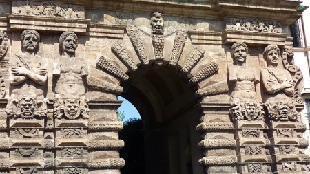 Detail of the Porta Nuova in Palermo with busts of Saracens, Sicily, Italyのeditorial素材