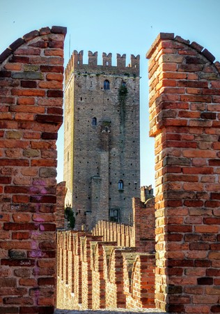 Medieval tower view from the old Verona bridge in Italy.のeditorial素材