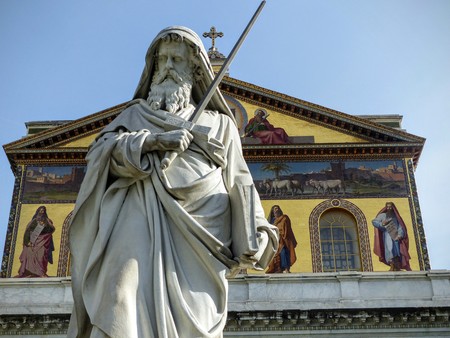 Statue of San Paolo in front of the Basilica with its name in Rome in Italy.のeditorial素材