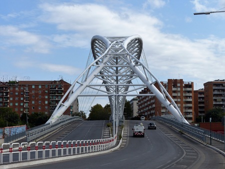 Modern white arched bridge in the Ostiense district in Rome in Italy.のeditorial素材