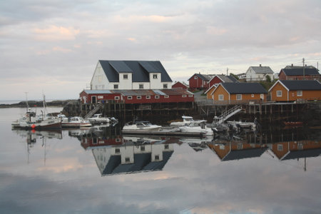 Marina at sunset in the Lofoten Islands in Norway.の写真素材