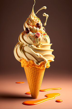 Vanilla ice cream with caramel topping in waffle cone on brown backgroundの写真素材