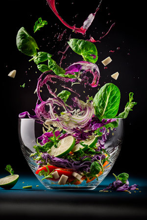 Splash of vegetable salad in a glass bowl on a black backgroundの写真素材