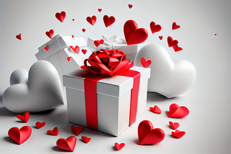 Gift box with red ribbon and hearts. 3D illustration.の写真素材