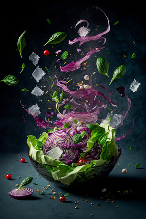 Fresh vegetable salad in a bowl with flying ingredients on a dark backgroundの写真素材