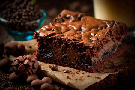 Chocolate cake with chocolate chips on wooden background. Select focus. Toned.の写真素材