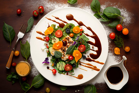 Salad with grilled chicken fillet, cherry tomatoes, cucumber, spinach and balsamic vinegar on wooden...