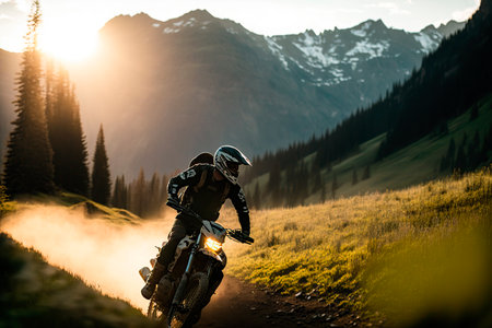 Motocross rider on the road in the high mountains at sunsetの写真素材