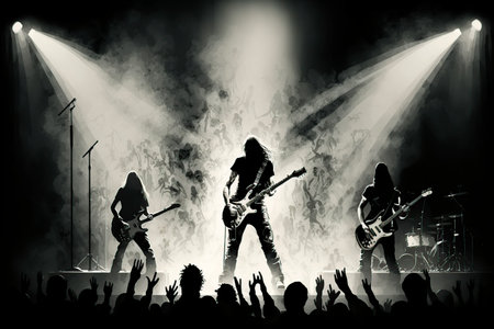 Silhouette of a rock band performing live at a concert.の写真素材