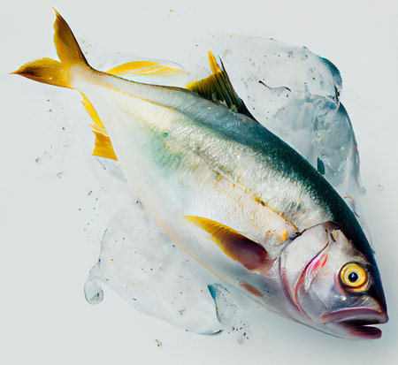 Fresh fish in ice on white background. top view. Toned.の写真素材