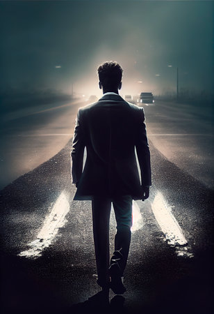 Rear view of businessman standing on asphalt road in foggy nightの写真素材