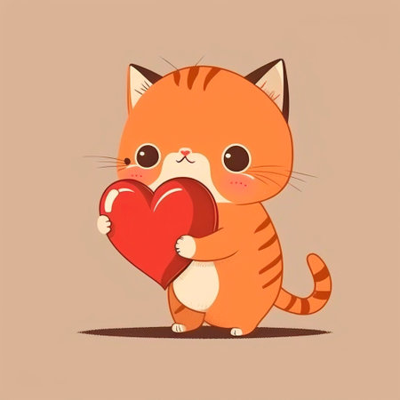 Cute cartoon cat holding a red heart. Vector illustration on brown background.