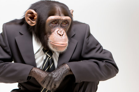 Chimpanzee in a suit and tie on a white backgroundの写真素材