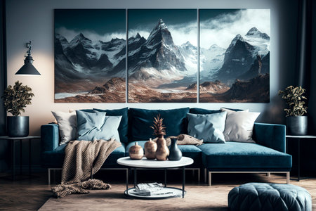 modern living room with blue sofa and mountains on the wall, 3d render