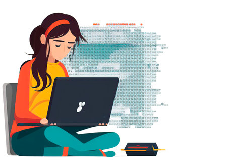 Young woman with laptop and binary code. Vector illustration in flat styleの写真素材