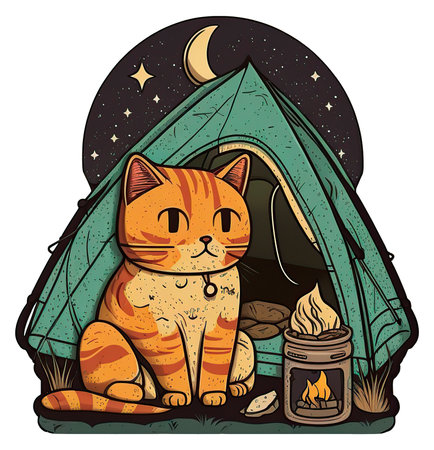 Cute cat sitting in a tent at night. Vector illustration.の写真素材