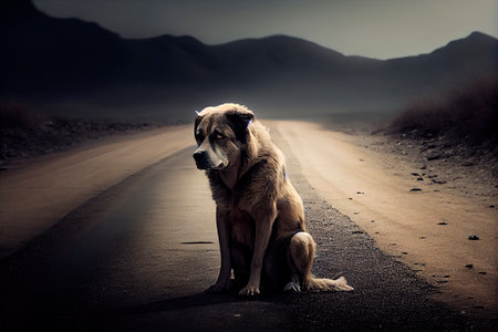 Sad homeless dog sitting on the road in the middle of the desertの素材