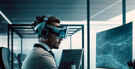 Businessman wearing virtual reality goggles in modern office. 3d renderingの素材