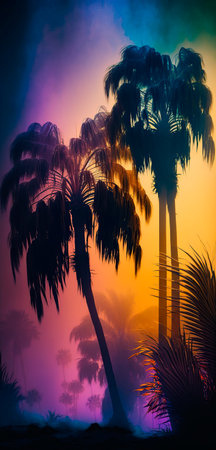 Silhouette of palm trees at night. Tropical background. Toned.の写真素材
