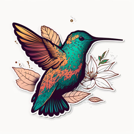 Hummingbird with flowers and leaves. Hand drawn illustration.の写真素材