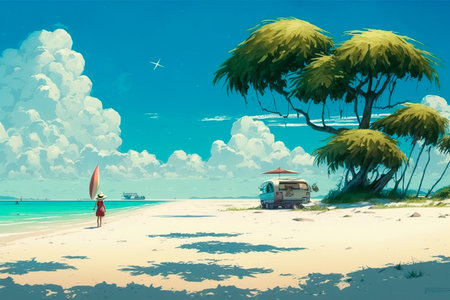 Illustration of a beautiful tropical beach with a camper van.の写真素材