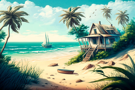 Tropical beach with wooden house, palm trees and boat.の写真素材