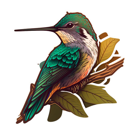 Illustration of Kingfisher bird sitting on a branch with leaves.の写真素材