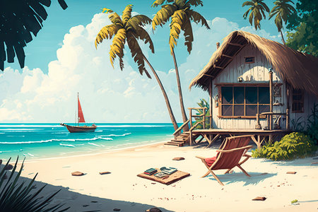 Tropical beach with bungalows and palm trees, vector illustration.の写真素材