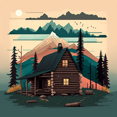 Wooden cabin in the mountains. illustration in flat style.の写真素材