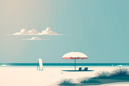 Illustration of a beach with umbrella and chair in retro style.の写真素材