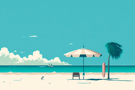 Illustration of beach with umbrella, chair and surfboard in retro styleの写真素材