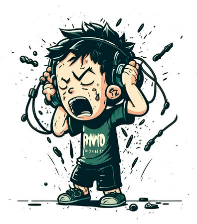 illustration of a boy listening to music with headphones and crying.の写真素材