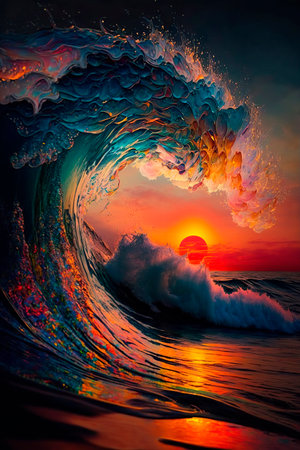 Surfing wave on the ocean at sunset. Colorful background.の写真素材