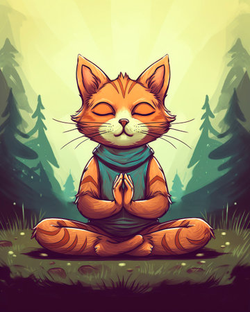 illustration of a red cat meditating in the forest in yoga pose.の写真素材