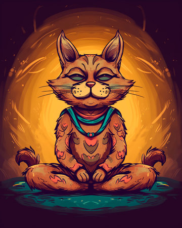 Illustration of a cat in a yoga pose with a colorful backgroundの写真素材