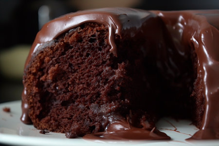 Chocolate cake with chocolate glaze on a white plate closeupの写真素材