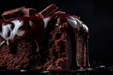 Chocolate cake with chocolate glaze on black background, closeupの写真素材