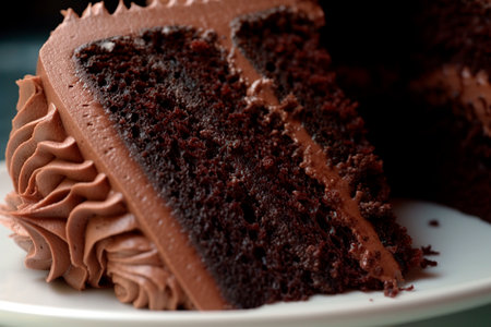 Chocolate cake on white plate, closeup, selective focus.の写真素材