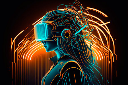 3D rendering of a female cyborg wearing virtual reality goggles.の写真素材