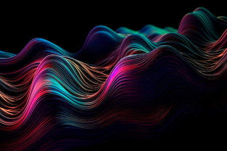 Abstract colorful wavy lines on black background. 3d render illustrationの写真素材