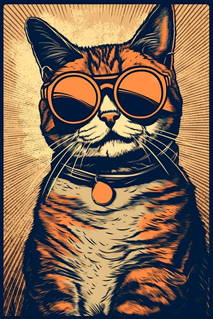 Cat wearing sunglasses. Hand drawn illustration for t-shirt print.の写真素材