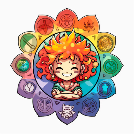 Cute little girl in a circle of magic symbols. sticker illustration.の写真素材