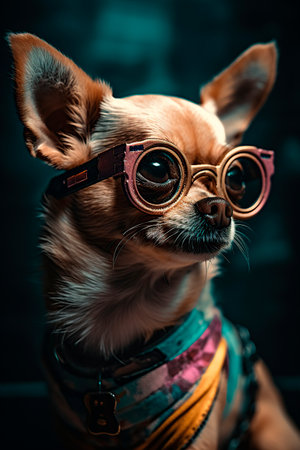 Funny chihuahua dog wearing glasses on dark background.の写真素材