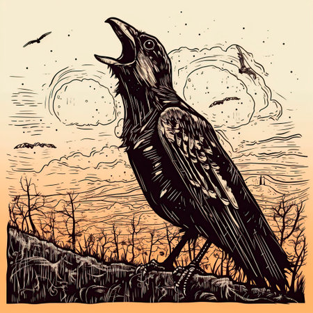 Crow in the field. Vector hand drawn illustration in sketch style.の写真素材