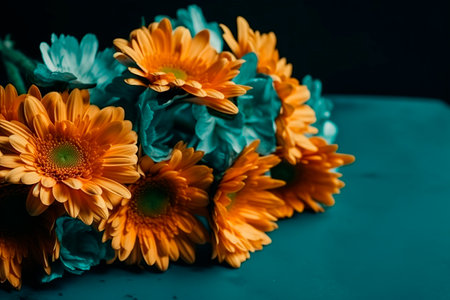 bouquet of orange gerbera flowers on a blue backgroundの写真素材